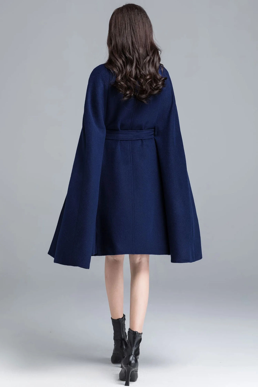 Blue Wool Cape Coat – Women’s Elegant Stand Collar Winter Cloak 2487