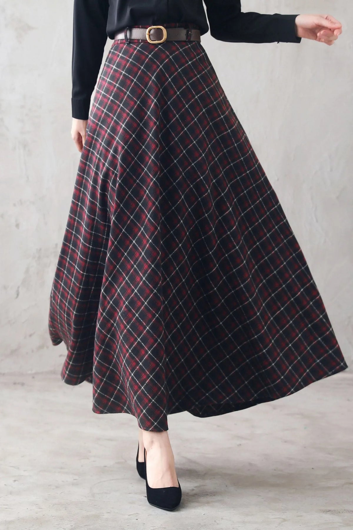 Plaid Wool Maxi Skirt - Vintage British Tartan High Waist Pleated 3100