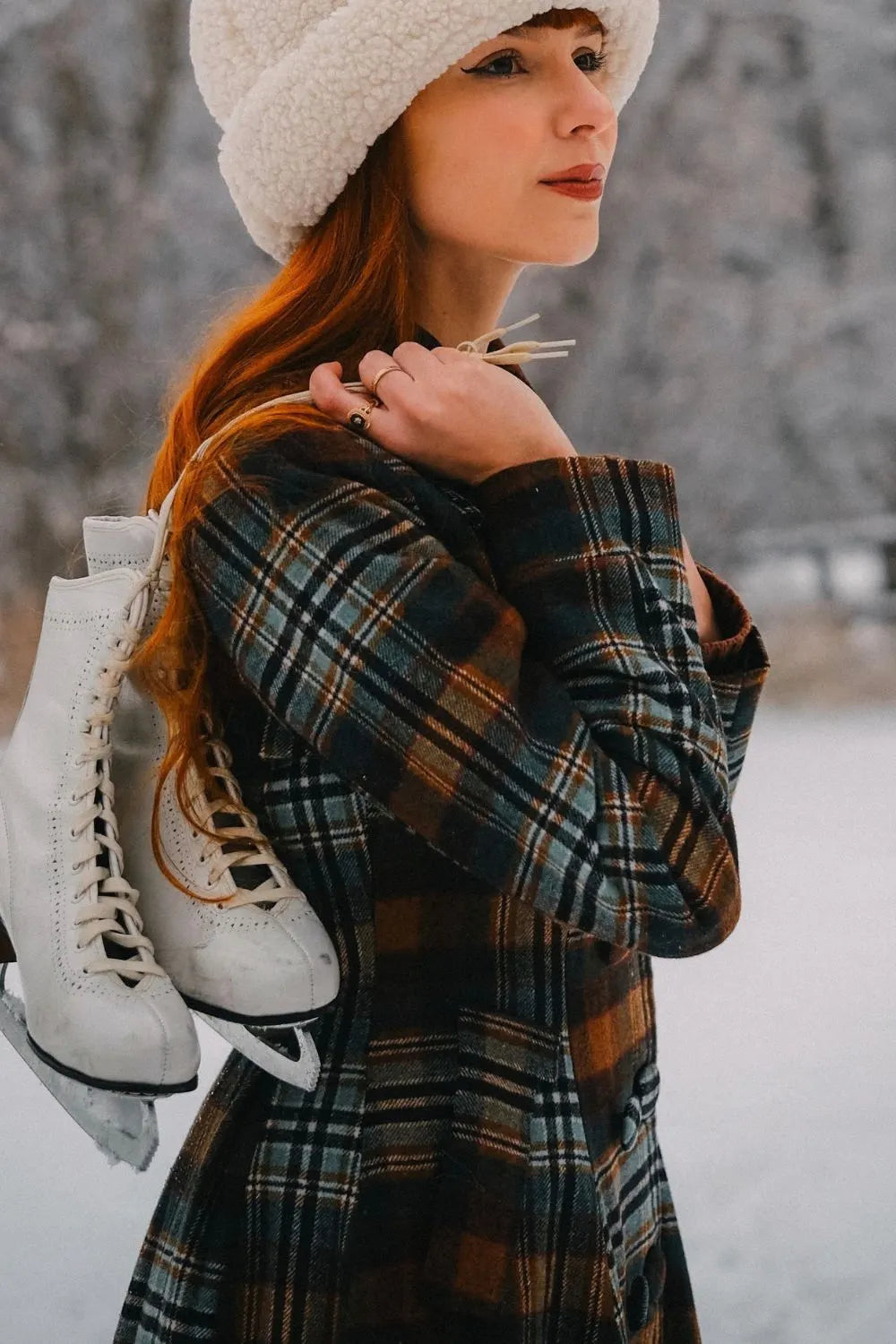 Rust Brown & Forest Green Plaid Wool Coat – Vintage Fit and Flare Winter Overcoat 4839