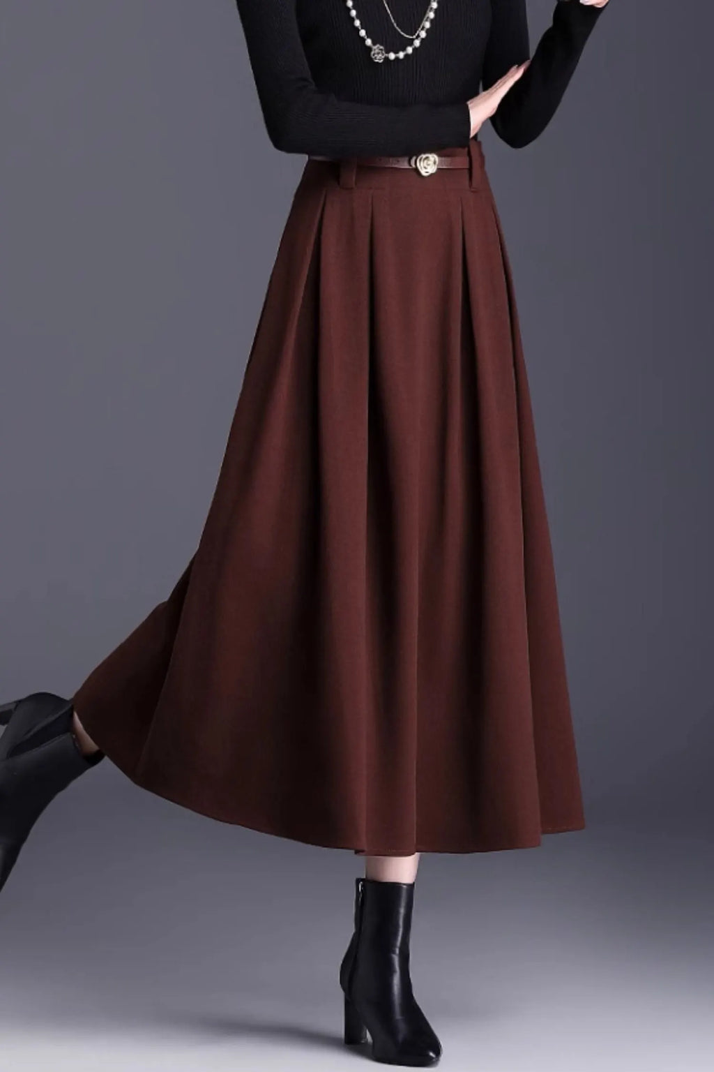 Brown Wool A-Line Midi Skirt - Pleated Elegant Silhouette 6137