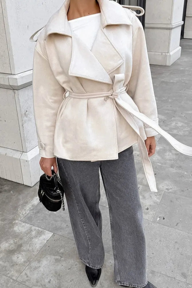 Suede Solid Tie Waist Thickened Warm Coat