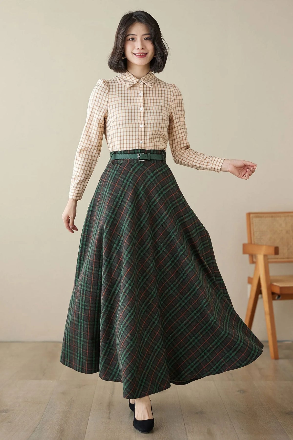 Green Plaid Wool Maxi Skirt – Vintage High Waist Ankle Length Winter Skirt with Pockets 4624