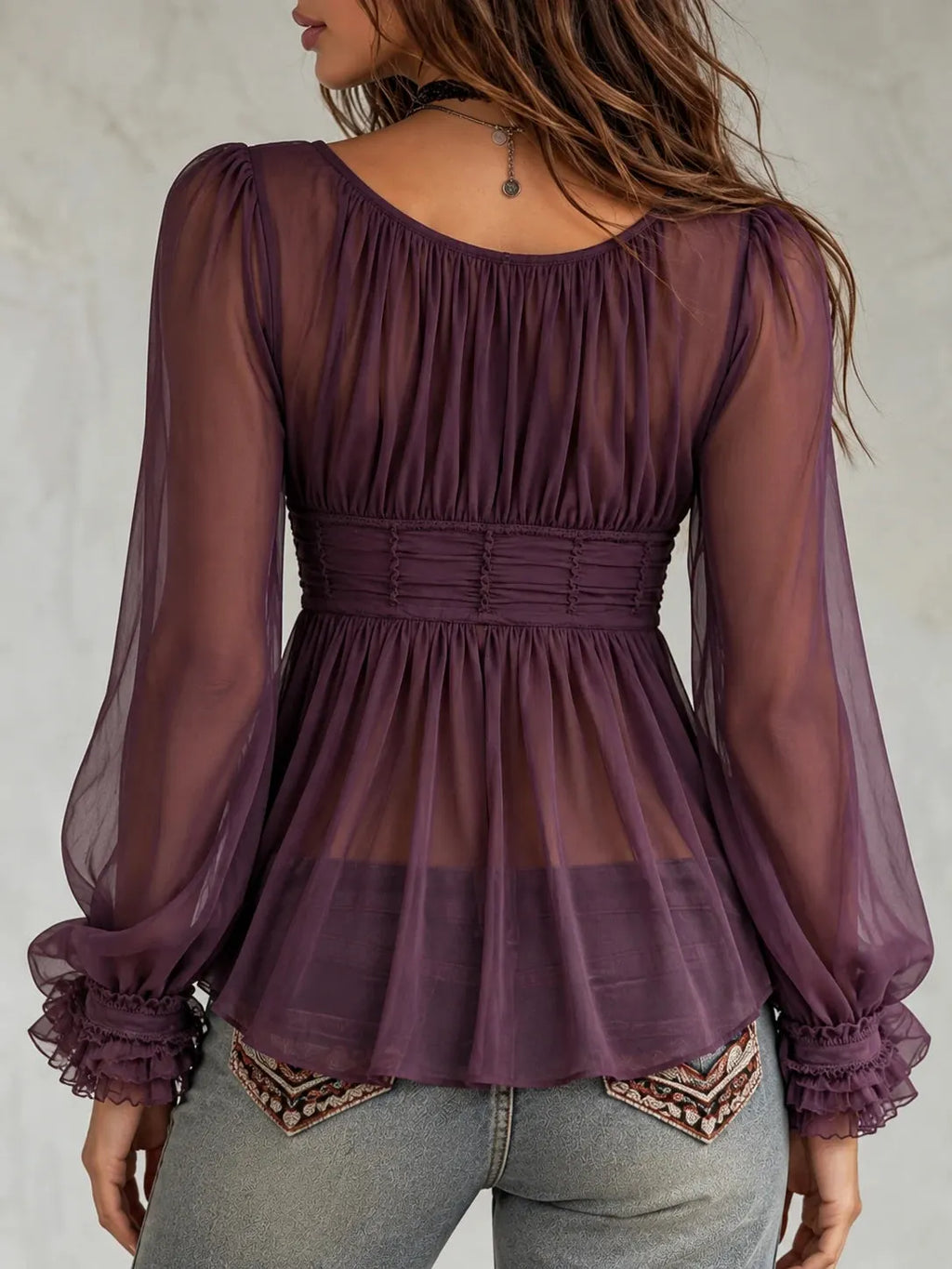 Deep Purple Sheer Deep V Ruffle Button Long Sleeve Boho Top