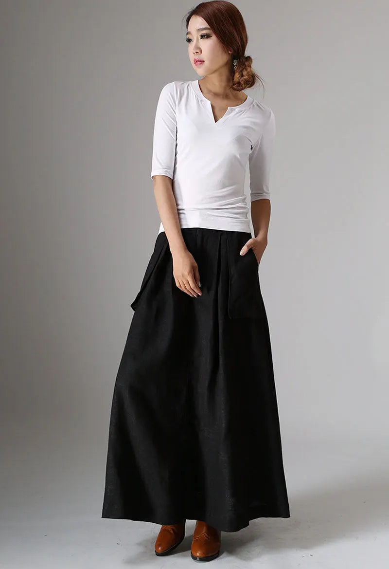 Black Linen Maxi Skirt - Big Pocket Detail 979