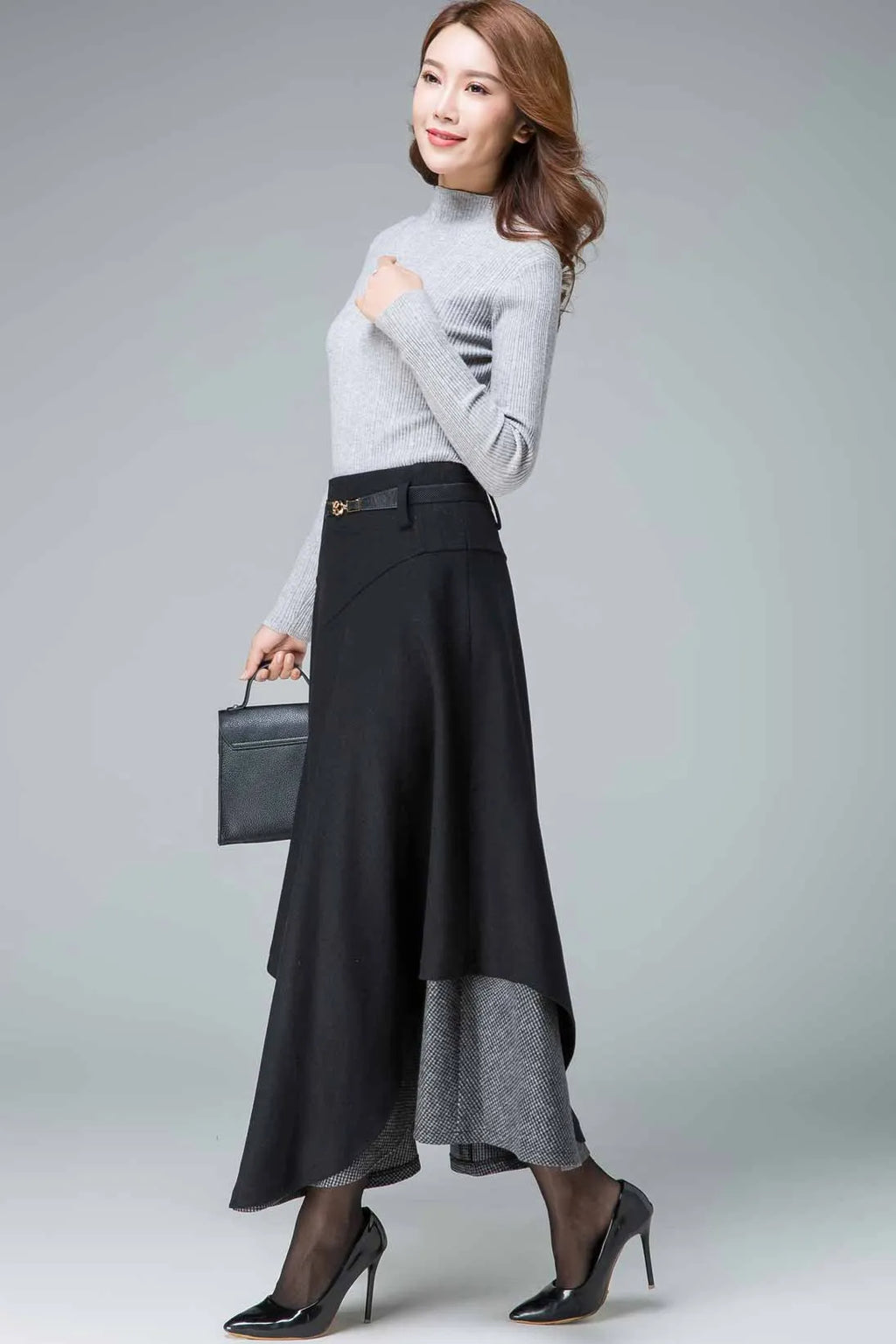 Black Wool Maxi Skirt - Tiered, Fit and Flare Silhouette 1837
