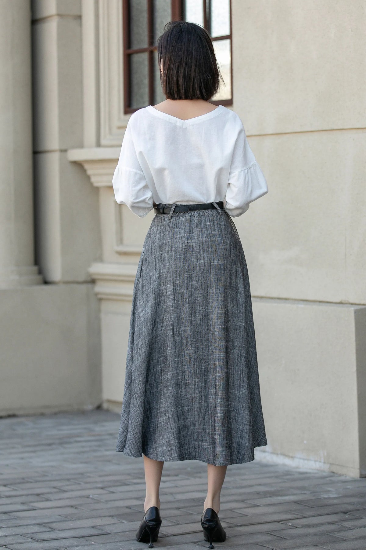 Handmade Gray Linen Skirt – Vintage A-Line Midi Skirt with Pockets 