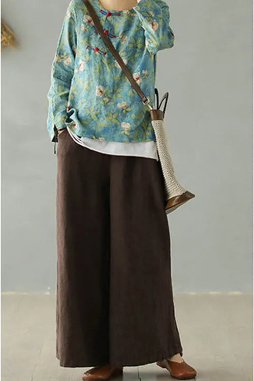 Brown Linen Blend Palazzo Pants - Elastic Waist, Wide Leg Relaxed Fit 2868