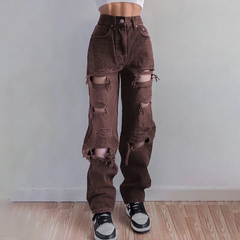 Brown Ripped Vintage Woman Distressed Jeans