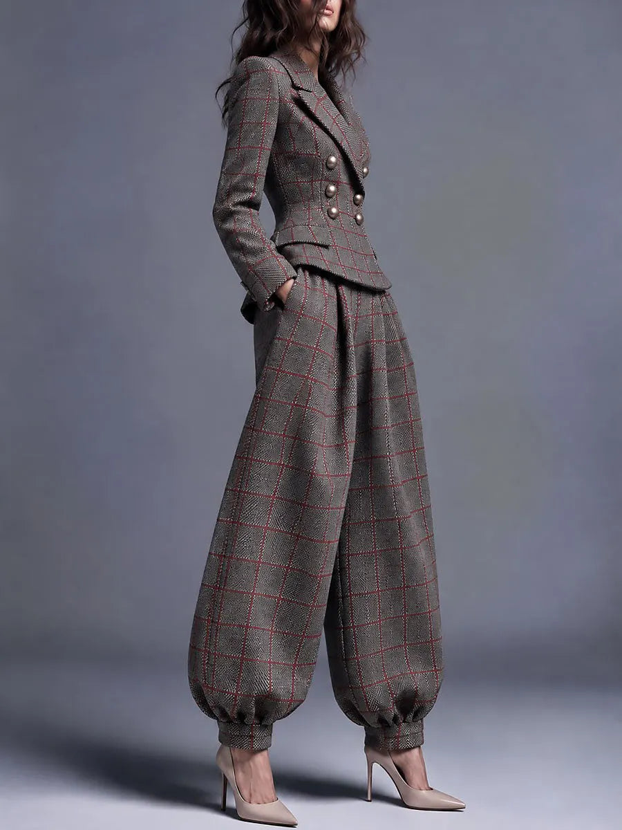 Retro Tailored Double-Breasted Plaid Blazer