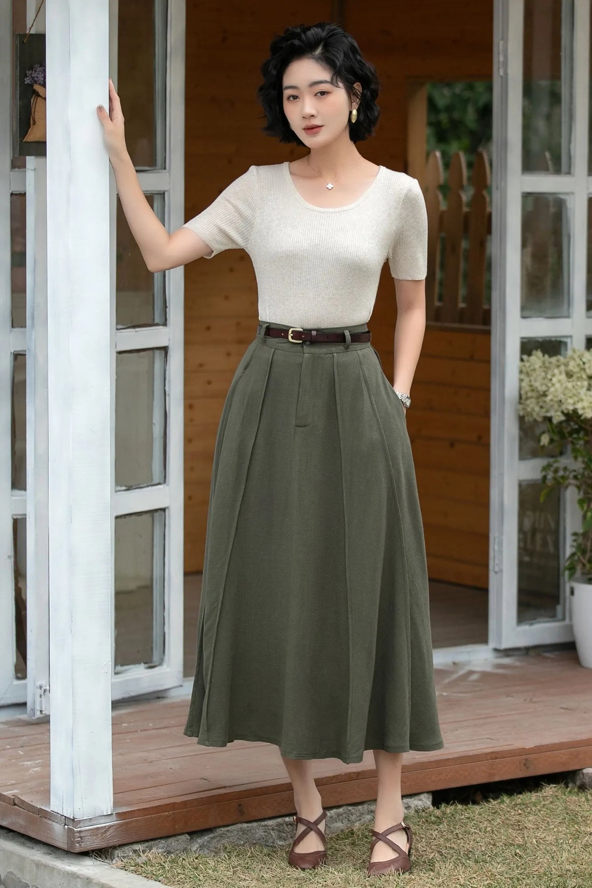 Xiaolizi Army Green Linen Midi Skirt – Vintage High Waist A-Line 6695