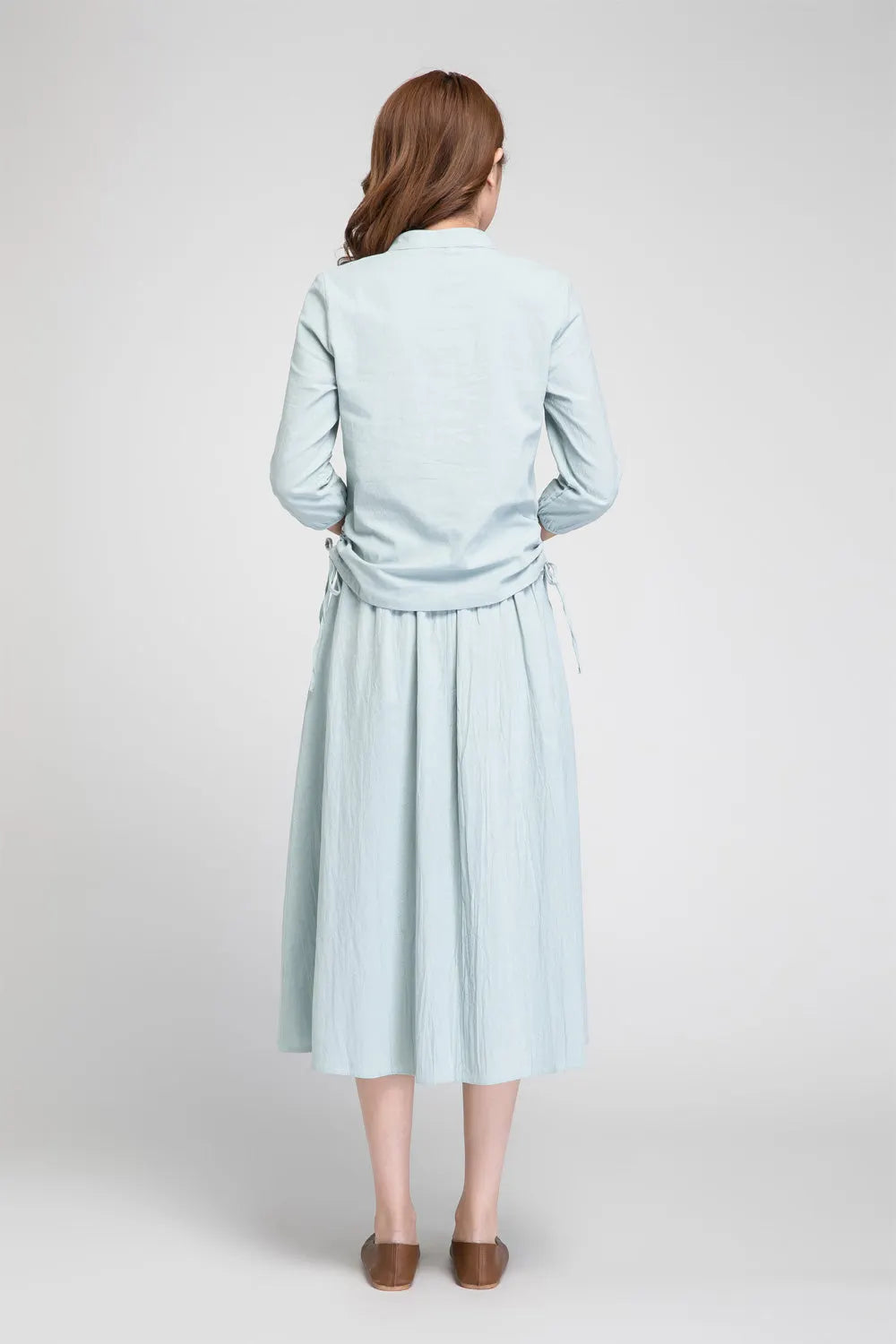 Mint Linen Blouse - Banded Neckline with Button Detail 1881