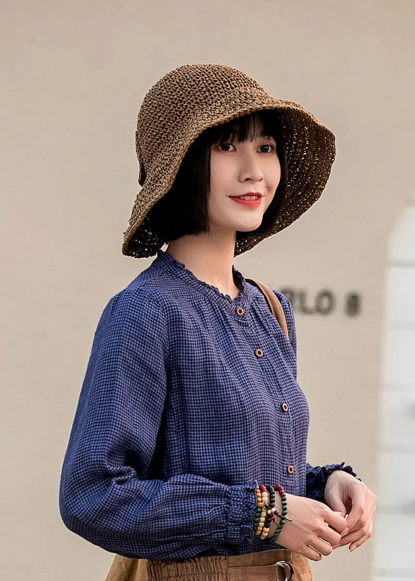 Blue Linen Blouse - Vintage Check Ruffle Crew Neck 2833