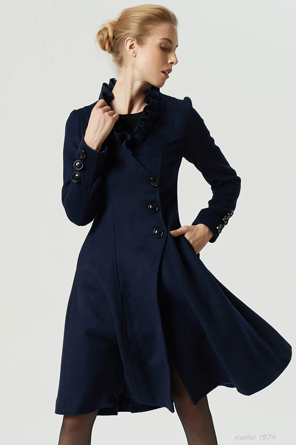 Navy Wool Coat - Handmade Tailored Fit with Ruffle Collar 1974