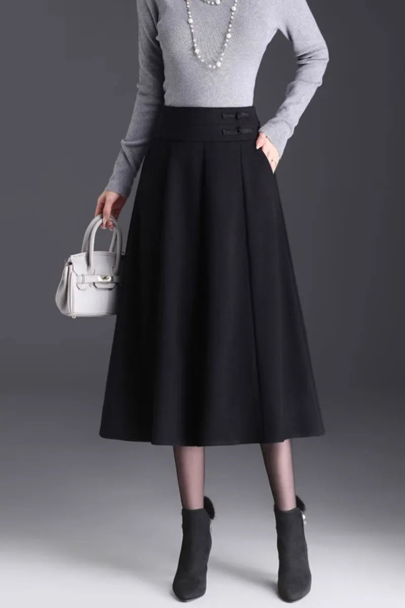Elegant Brown Wool Skirt – Handmade A-Line Midi, Lined & With Pockets 