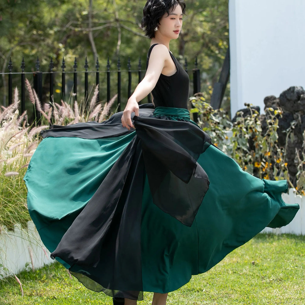 Black and Emerald Green Chiffon Maxi Skirt 