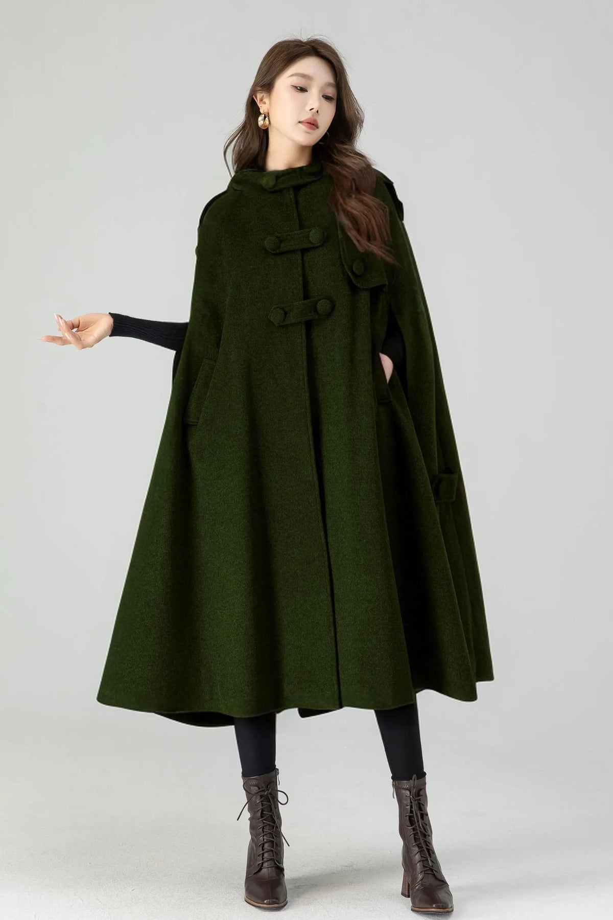 Wool Hooded Cape Coat – Vintage Mid-Length Winter Cloak 5252