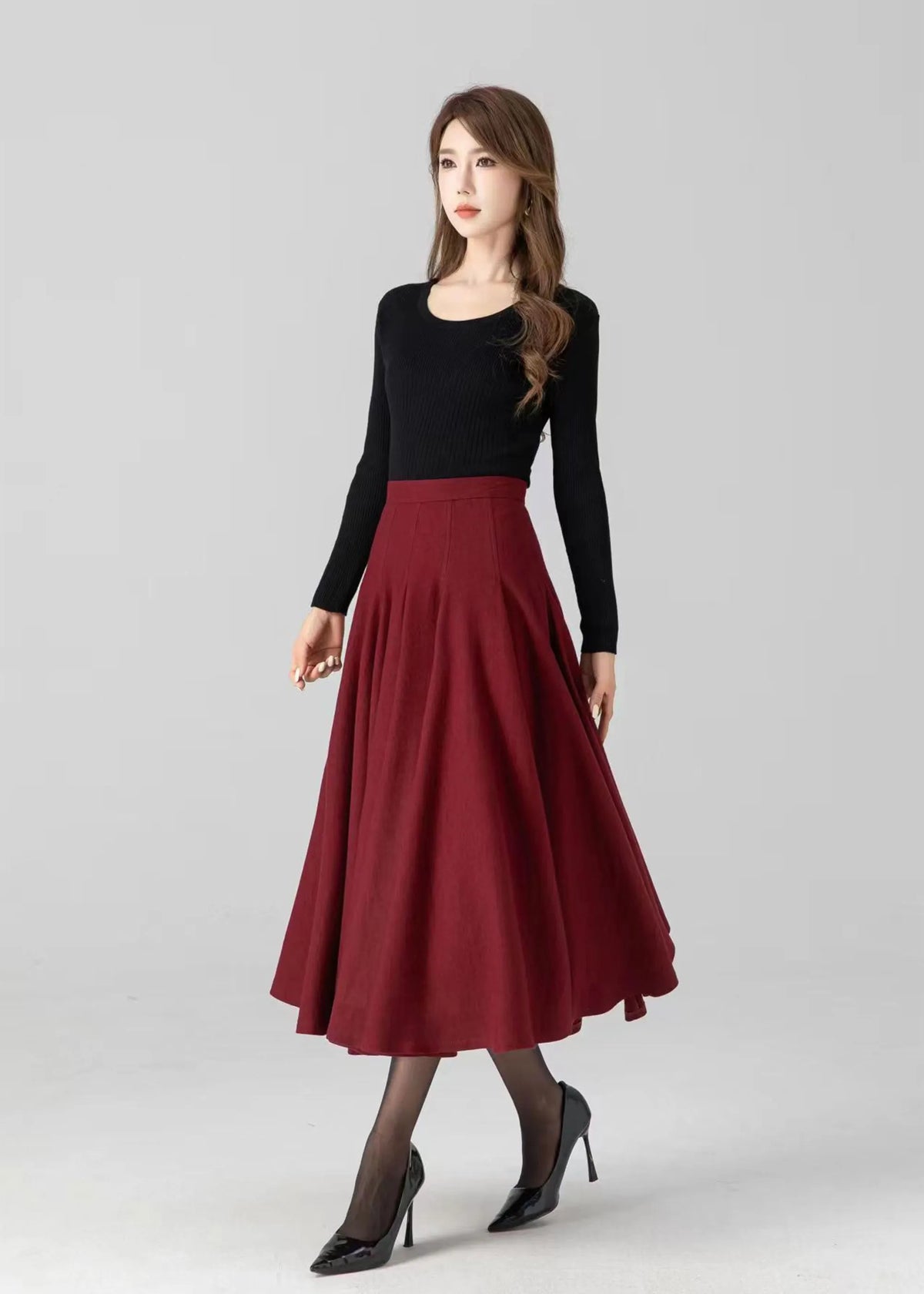 Women's Red Wool Swing Midi Skirt – Warm Winter Pleated High Waist Skirt 