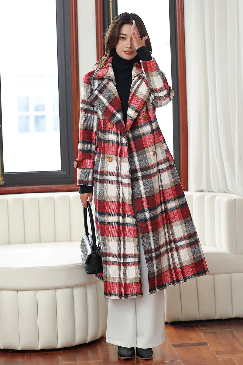 Handmade Red Plaid Wool Coat – Vintage Belted Long Winter Overcoat 