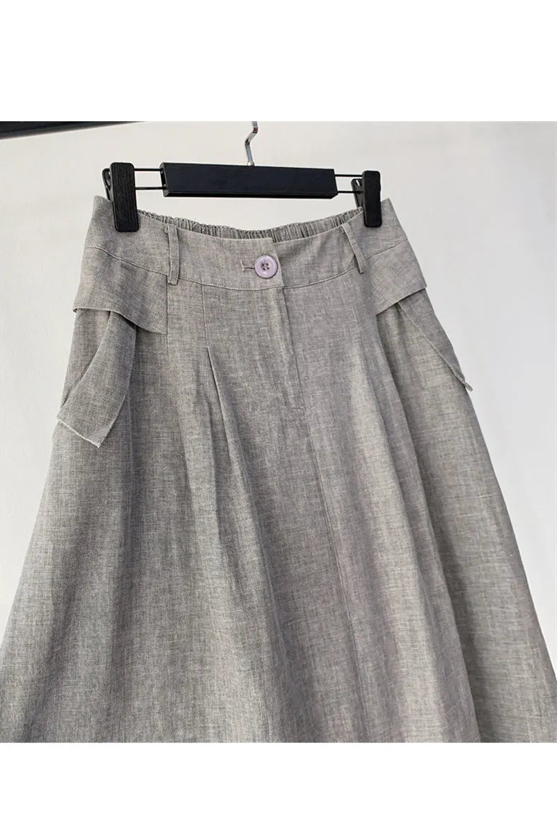 Gray Linen Midi Skirt - Elegant Back Elastic Waist with Pockets 4359