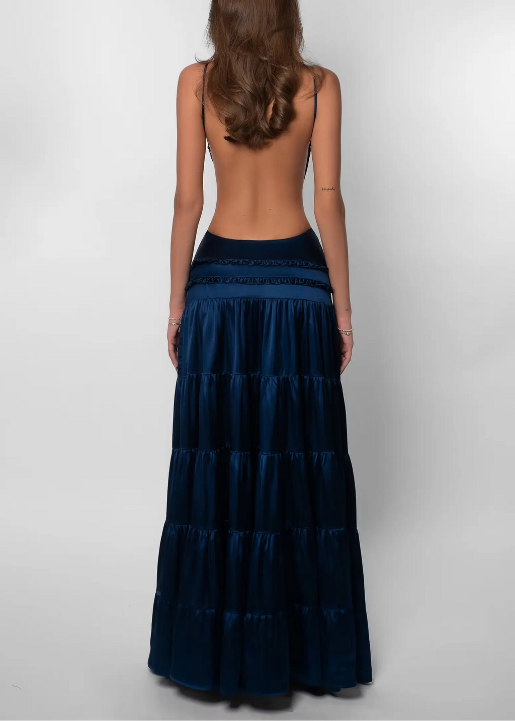 Deep V Backless Tiered Satin Maxi Dress