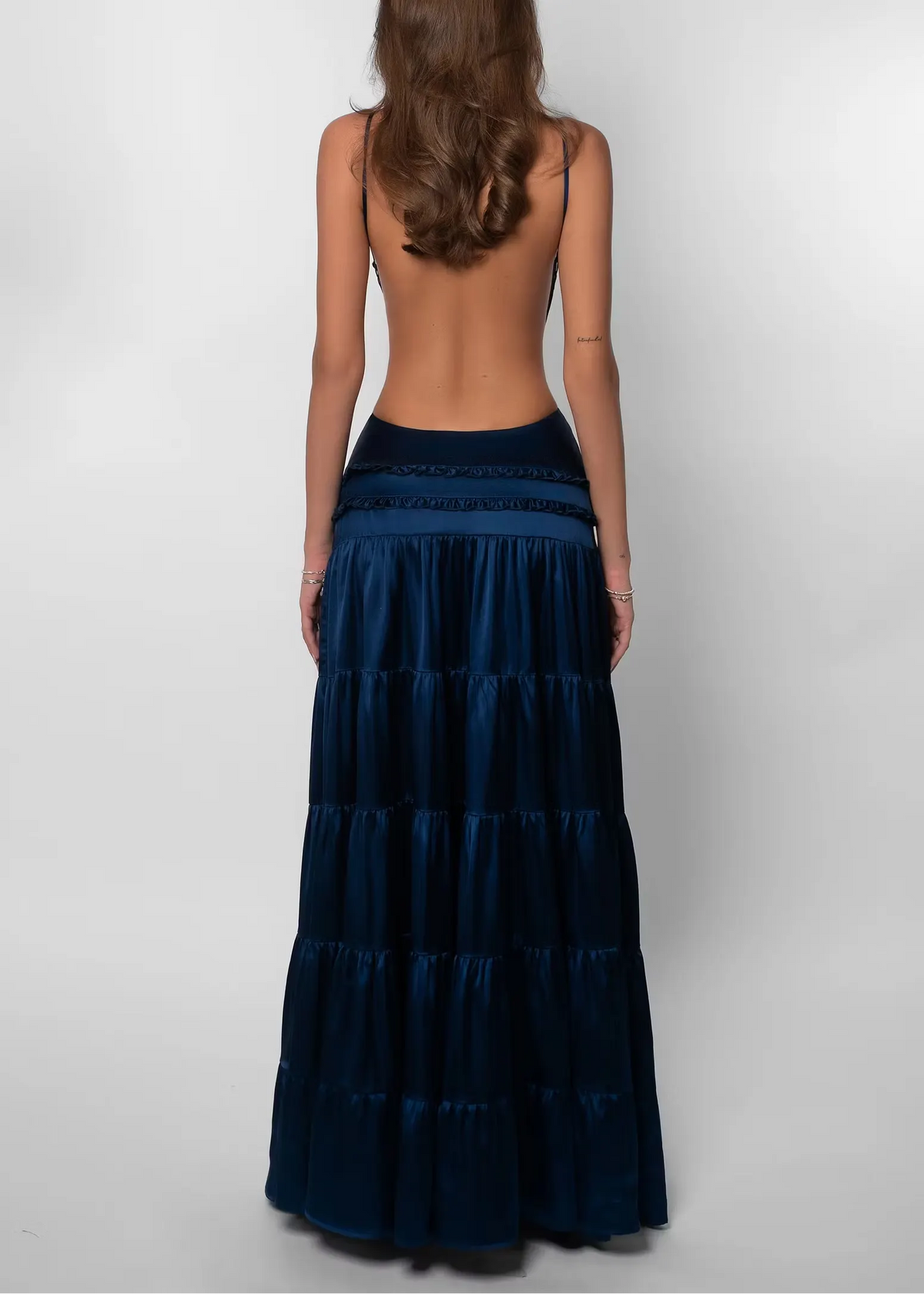 Deep V Backless Tiered Satin Maxi Dress
