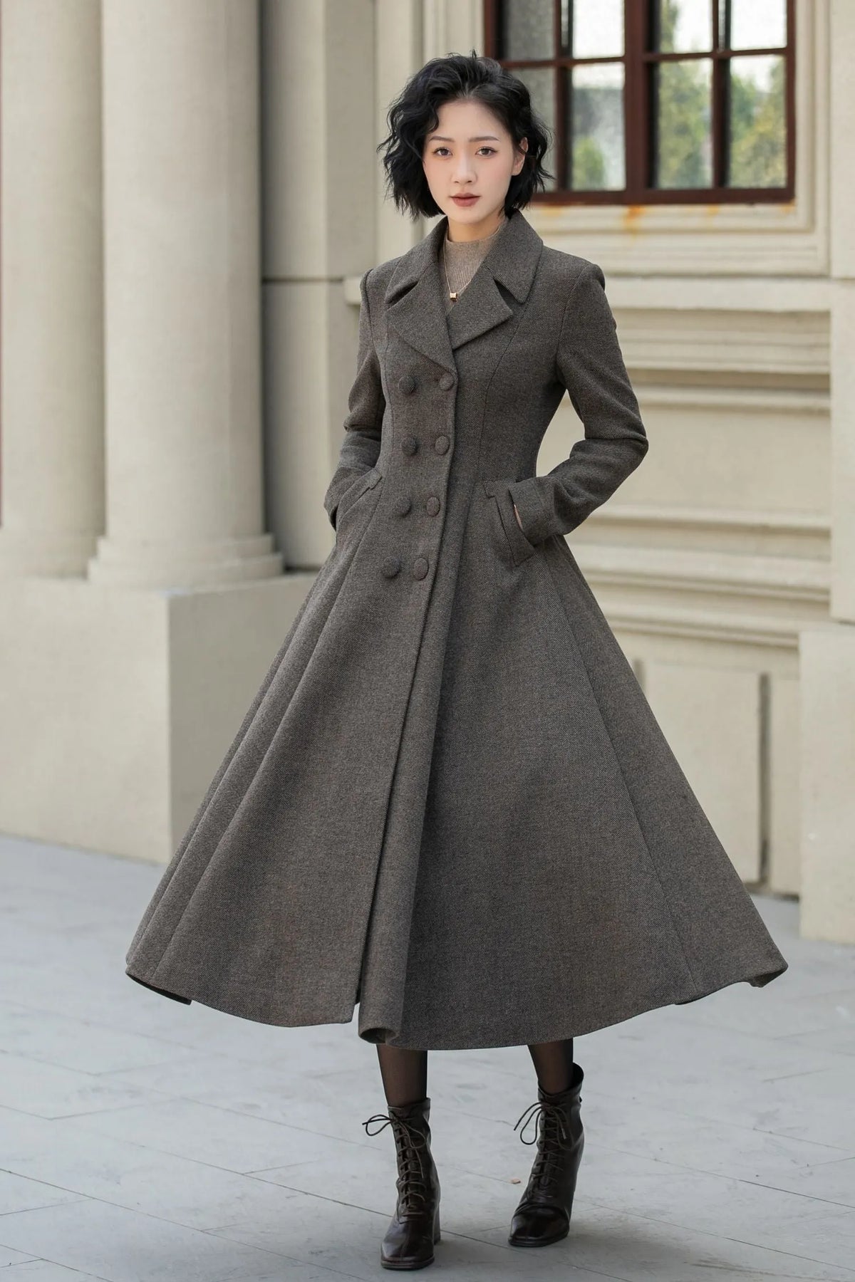 Chocolate Brown Wool Maxi Coat - Vintage Double-Breasted Fitted Waist 5460