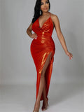 Sexy Women Halter V-neck Off Shoulder Drawstring High Split Backless Tie-Up Wrap Hip Slim