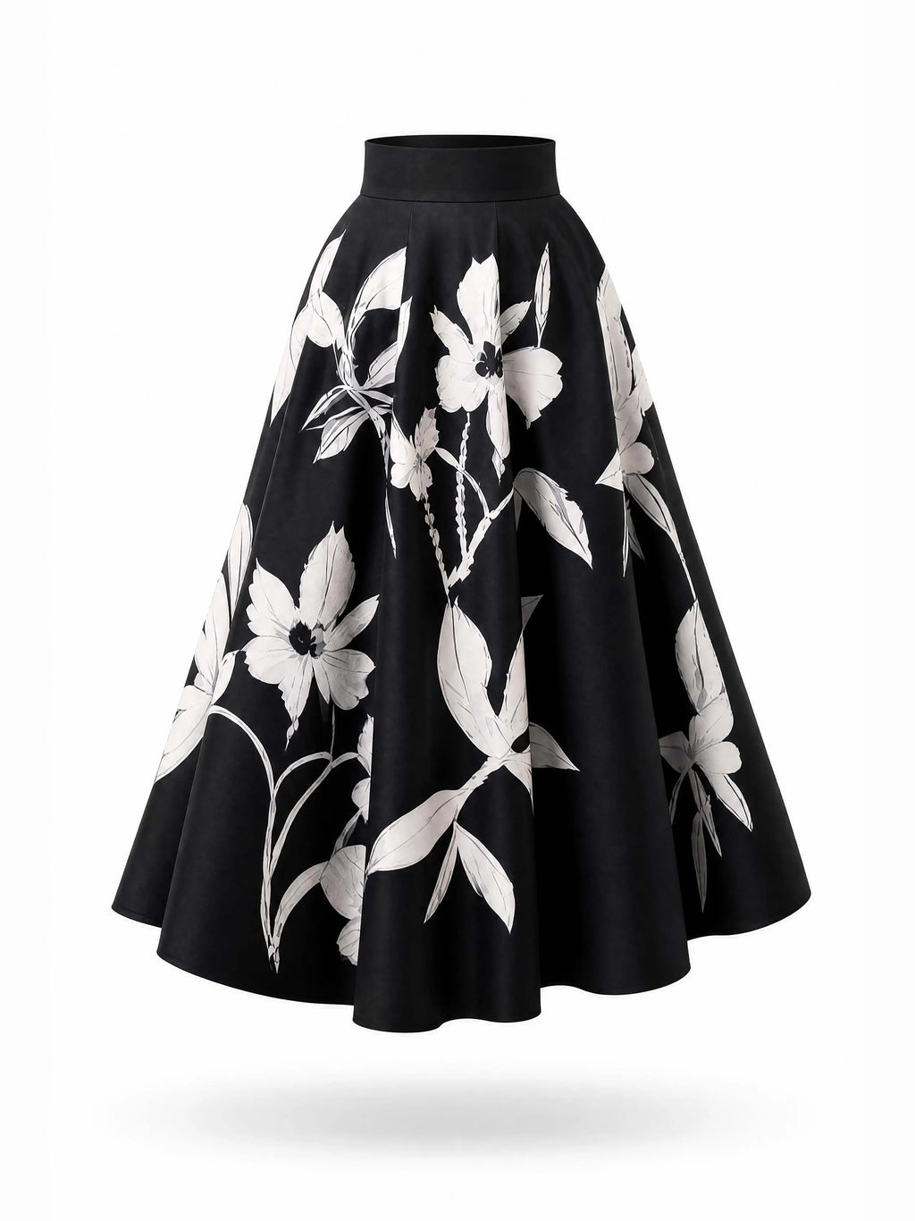 Vintage Black White Floral Print Maxi Swing Skirt