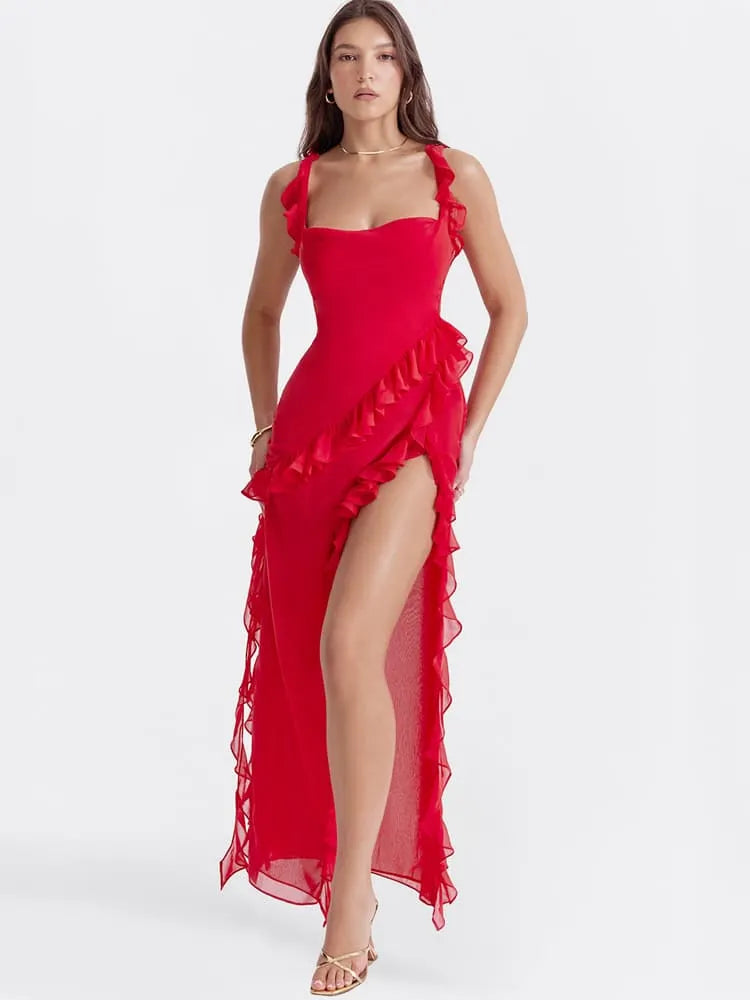 Ruffled Long Maxi Slip Dress - Red