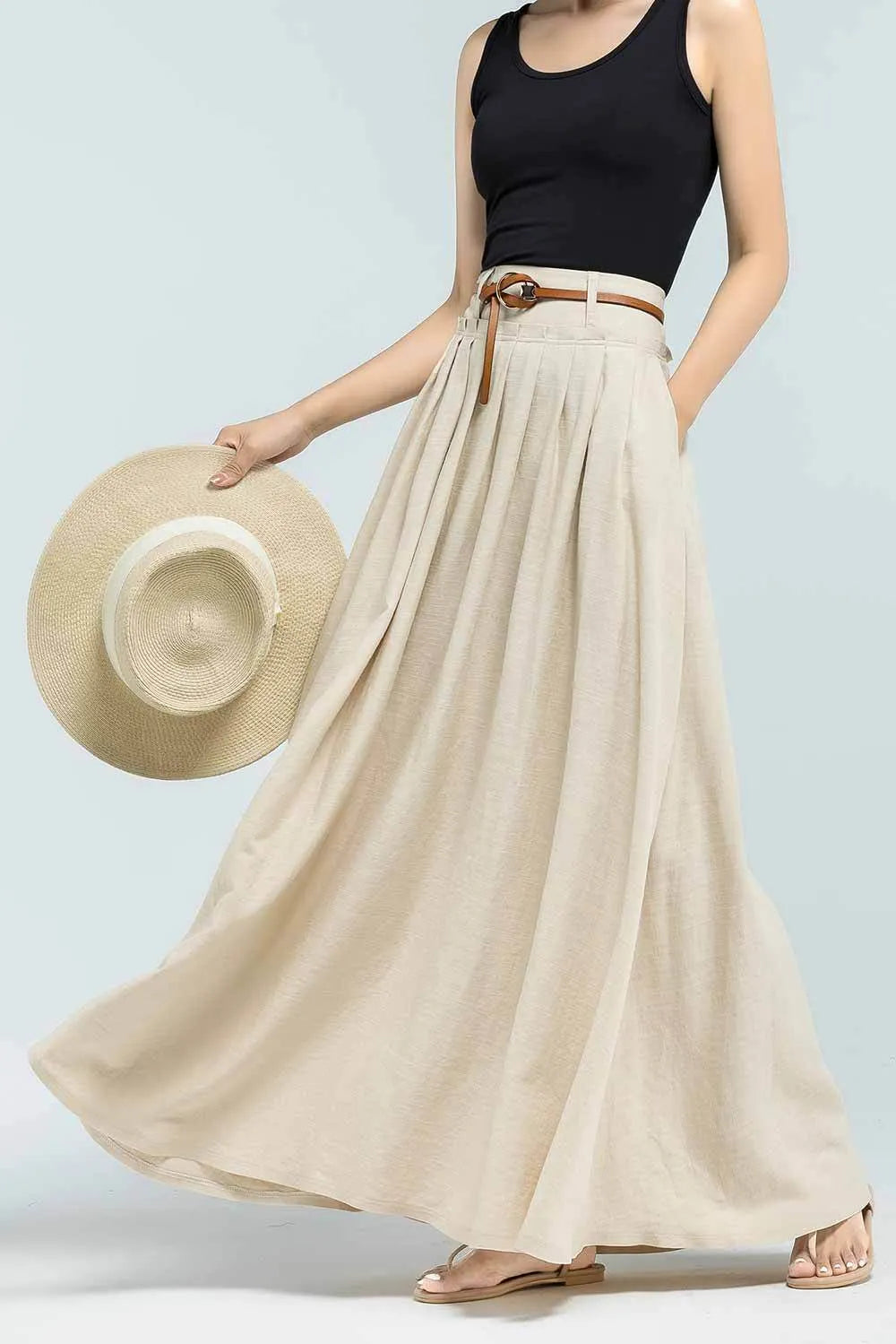 Handmade Navy Blue Linen Maxi Skirt – High Waist with Pockets 1046