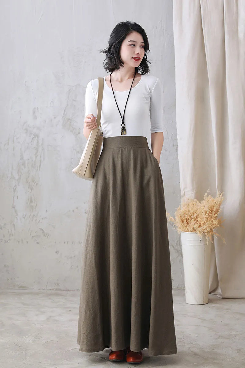 Khaki Linen Maxi Skirt - High Waist A-Line Hidden Zipper 