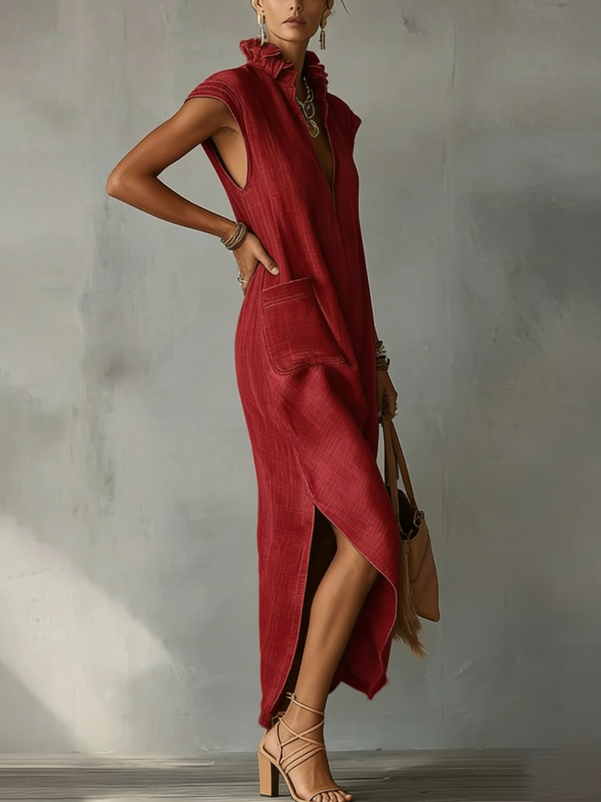 Elegant Midi Dress in linen, Premium Look