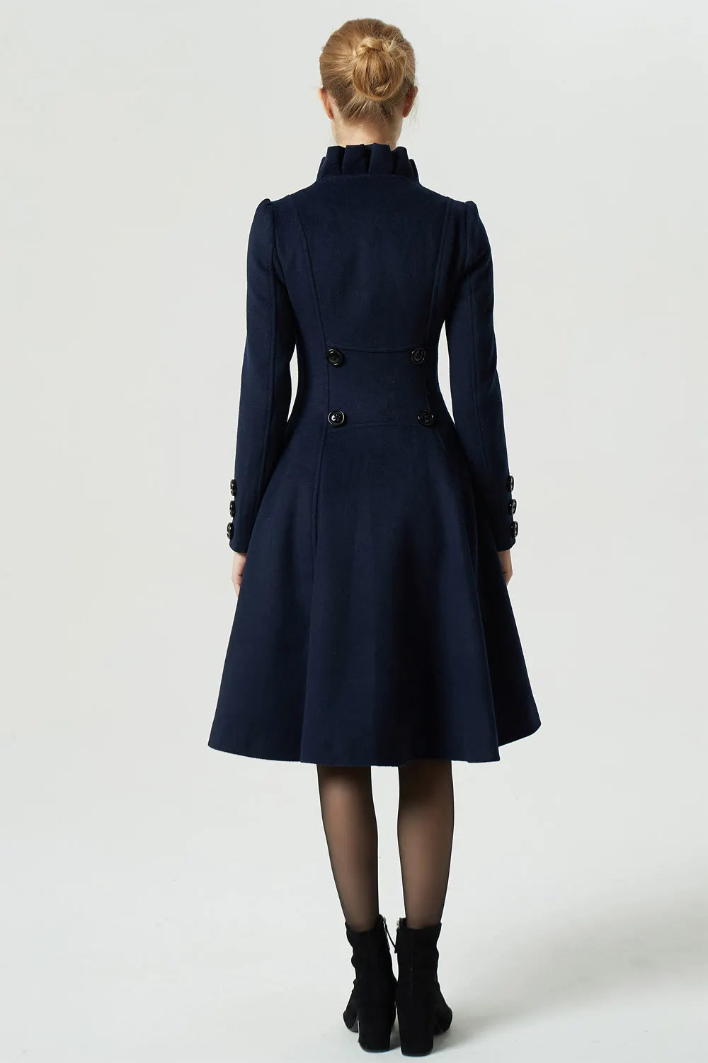 Navy Wool Coat - Handmade Tailored Fit with Ruffle Collar 1974