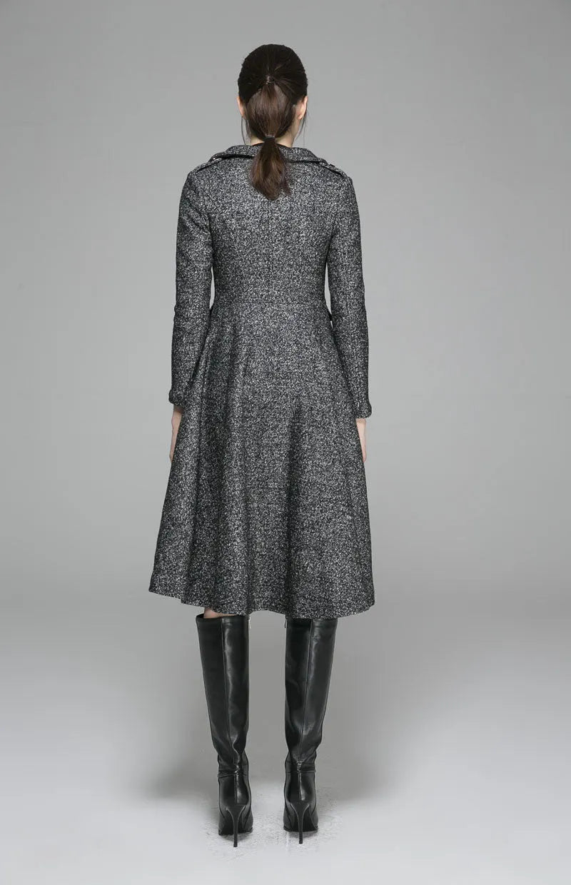 Black Wool Coat - Fit and Flare Silhouette with Pleated Detail 1373