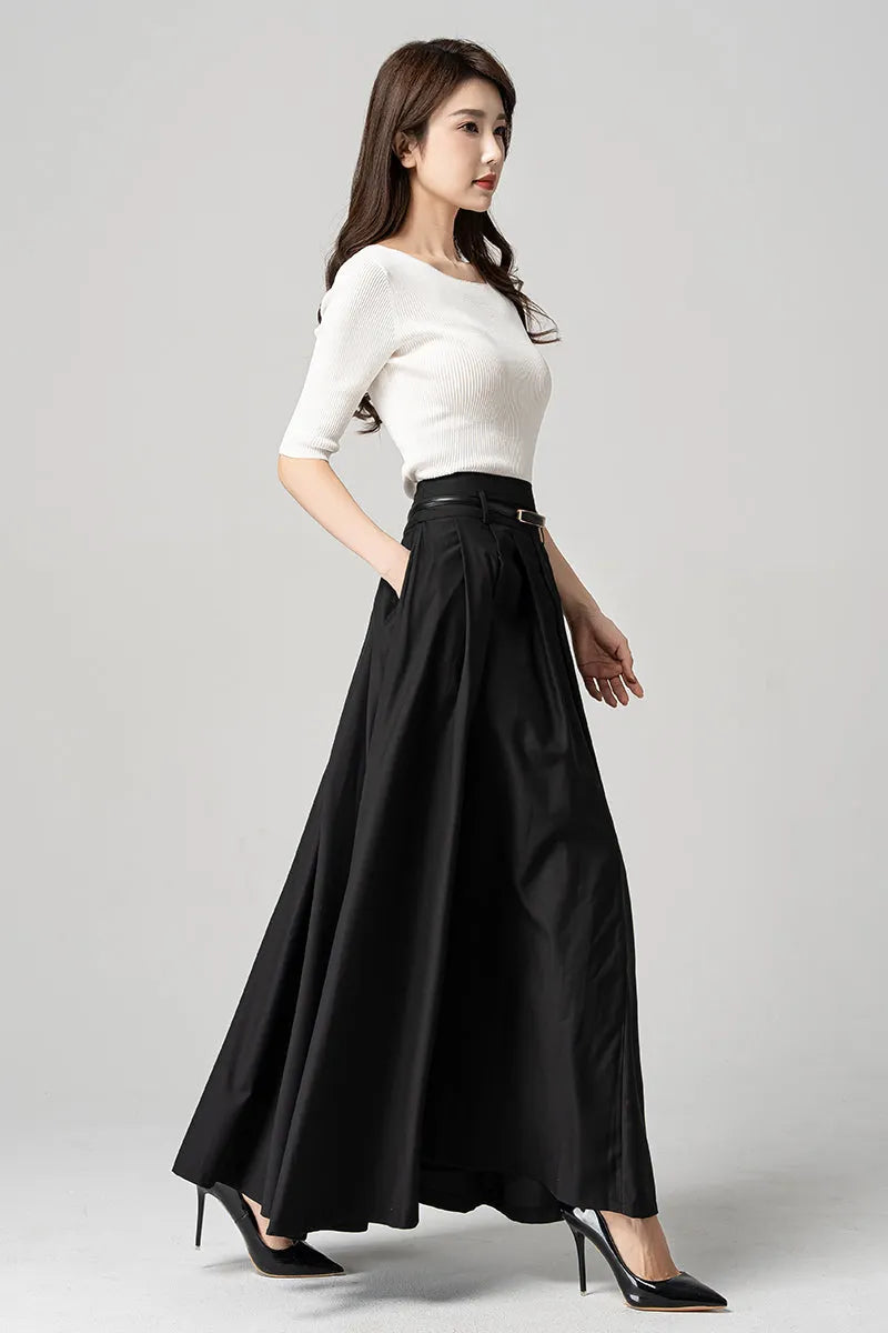 Black Polyester Pleated Maxi Skirt - Flowy Ankle Length 4189