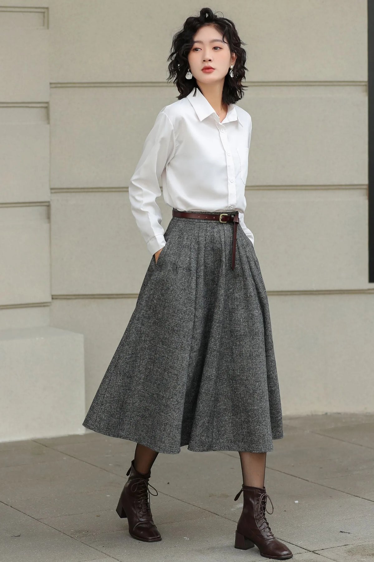 Grey Wool Pleated Midi Skirt - A-Line Silhouette with Pockets 6416