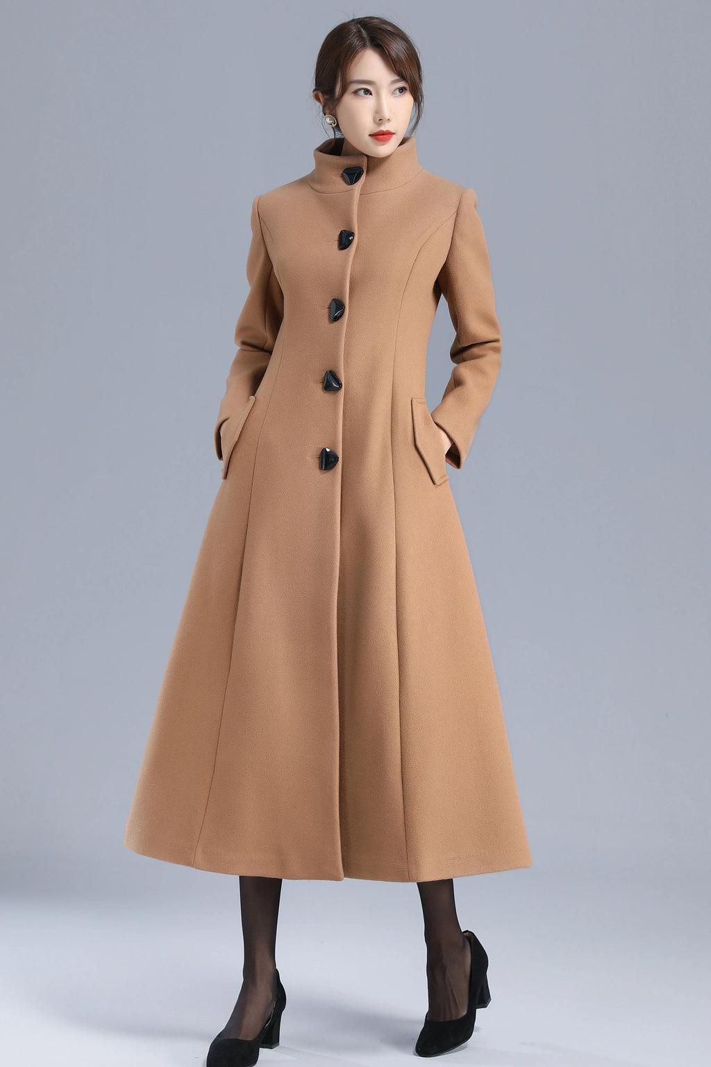 Camel Wool Blend Long Coat - Single Breasted, Stand Collar 3201
