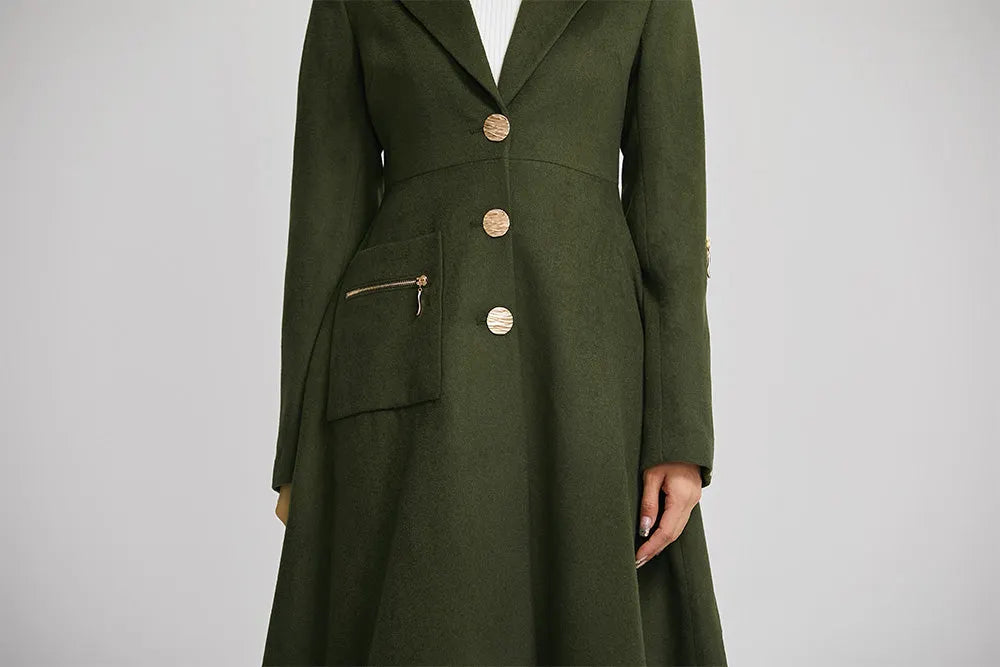 Elegant Green Wool Blend Coat – Tailored Midi Winter Coat with Zipper Details 