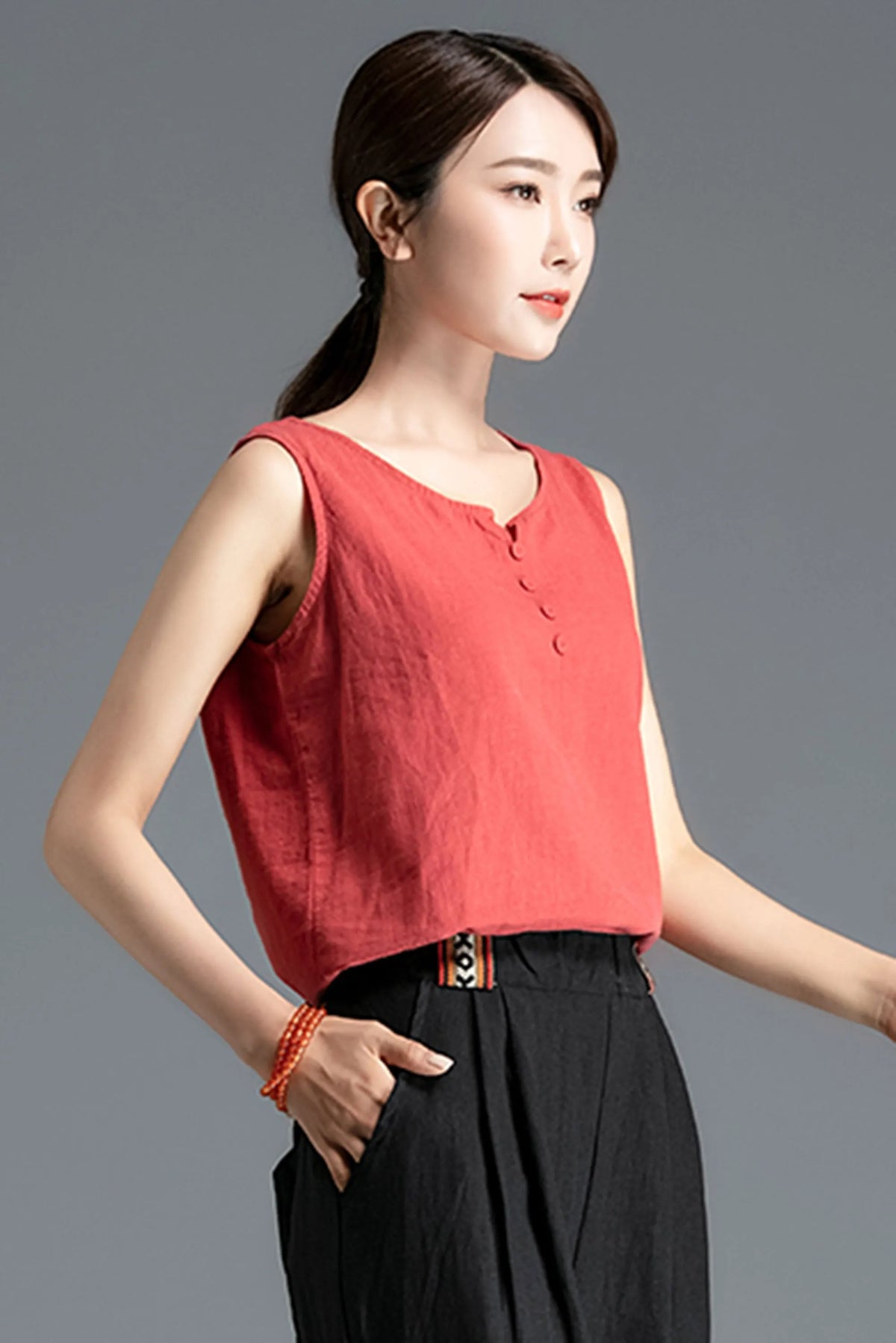 Linen V-Neck Tank Top - High Low Hem Sleeveless Summer 