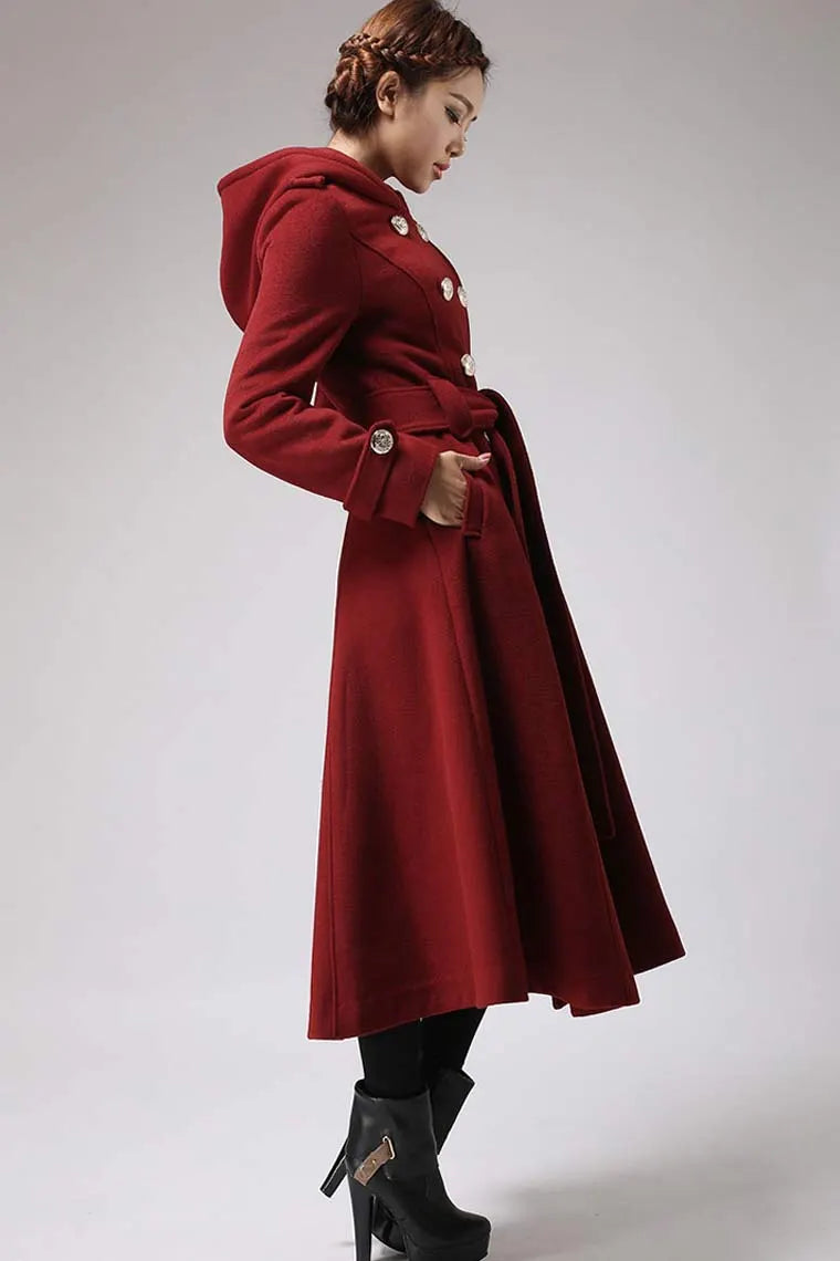 Wool Blend Hooded Swing Coat – Handmade Vintage Military Elegance 0705#
