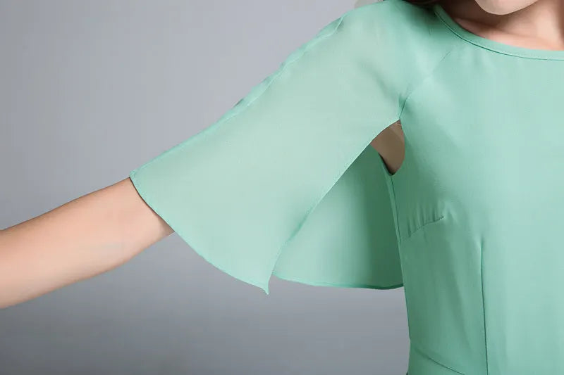 Emerald Green Chiffon Dress - Fitted Waist A-Line with Cape 1768