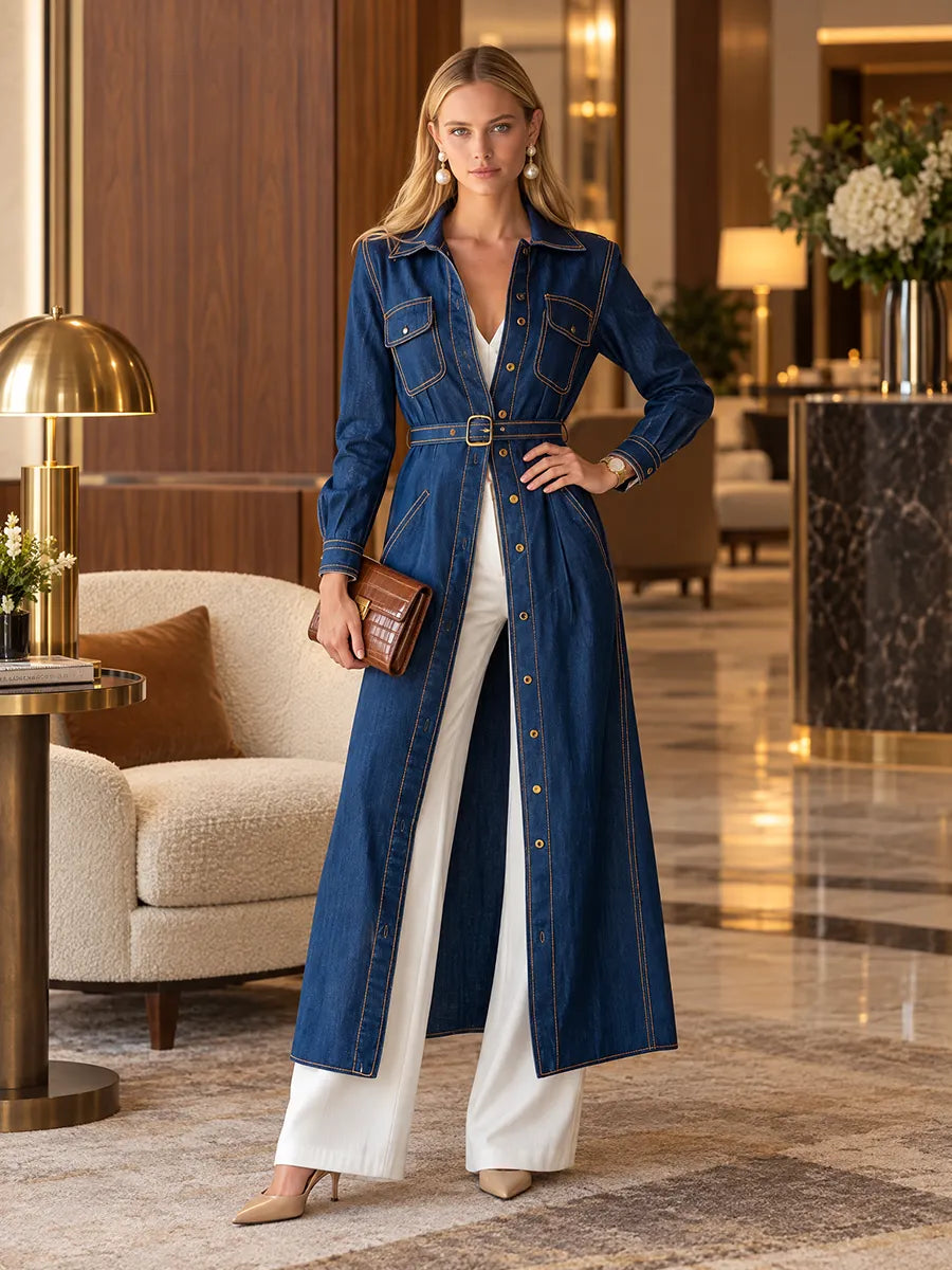 Belted Indigo Contrast Stitching Denim Duster Coat