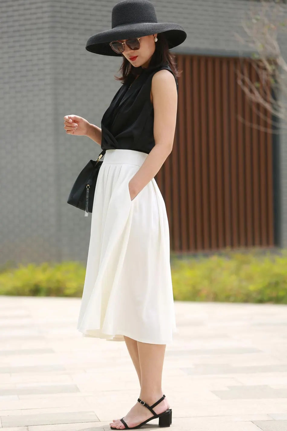 White Flare Midi Skirt - Fitted Waist & Seam Pockets 