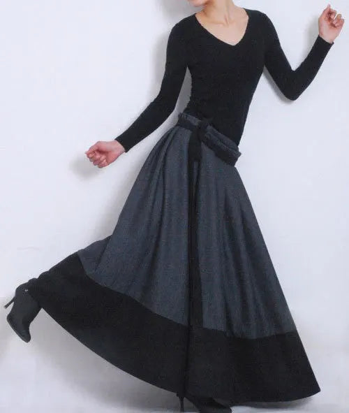 Handmade Wool Wrap Skirt – Long Flared Maxi in Gray & Black for Winter MM68