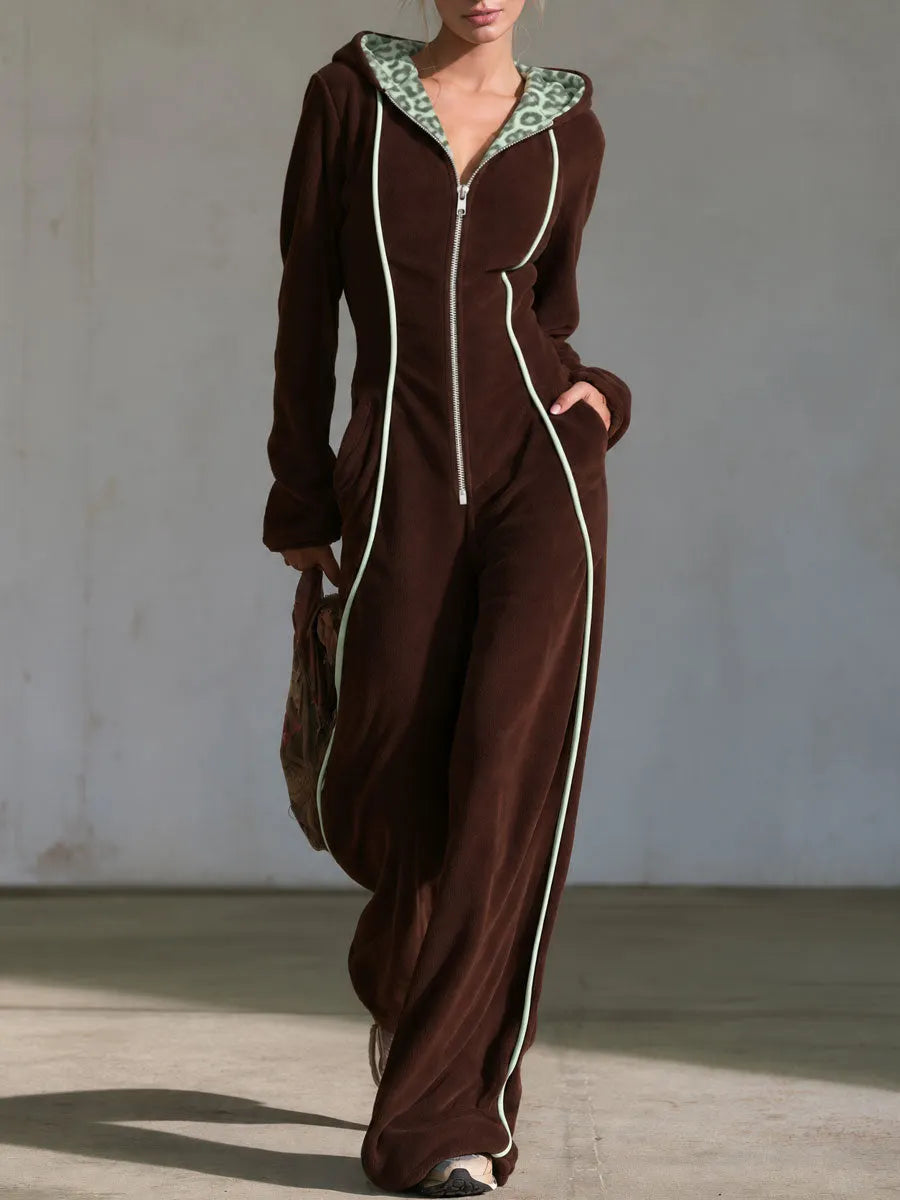 Retro Casual Brown Fleece Leopard-Lined Hooded Zip-Up Contrast-Piping Wide-Leg Jumpsuit