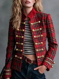 Retro Red Plaid Frog Button Velvet Collar Jacket