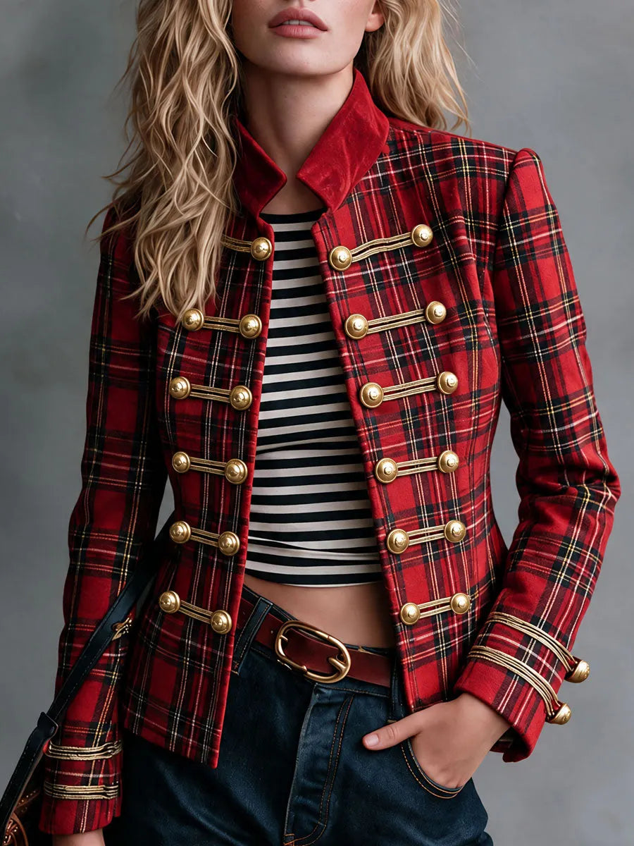 Retro Red Plaid Frog Button Velvet Collar Jacket