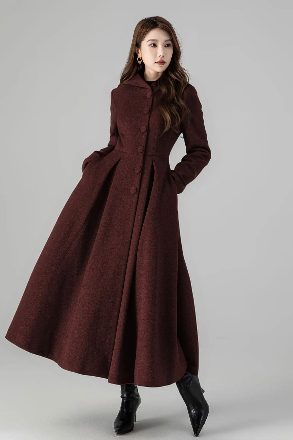Burgundy Hooded Wool Maxi Coat – Vintage Swing Long Winter Overcoat 5242