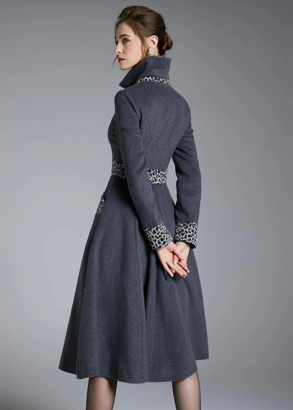 Gray Wool Midi Swing Coat - Leopard Trim & Belted Fit and Flare 3872