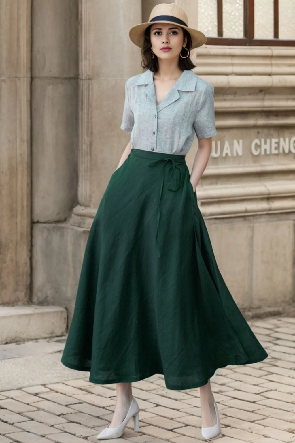 Green Linen Wrap Maxi Skirt - A-Line Flowy Silhouette 5748